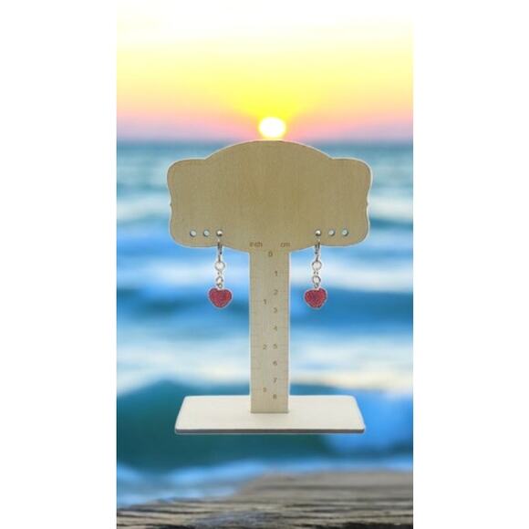 Handcrafted Huggie Hoop Earrings Featuring Red Rhinestone Hearts - Picture 6 of 9